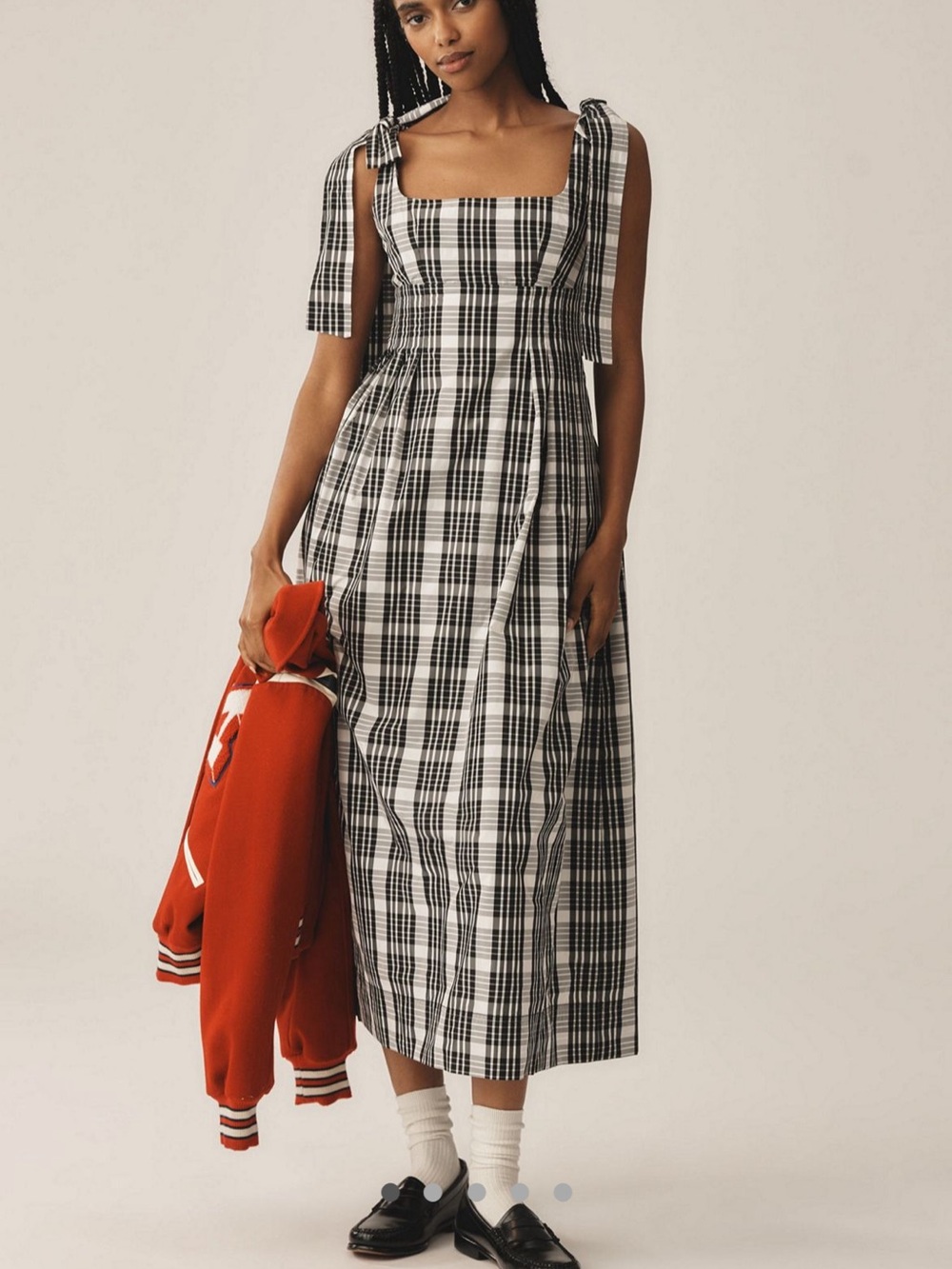 Maeve Black and White Plaid Tie-Shoulder Midi Dress - Women